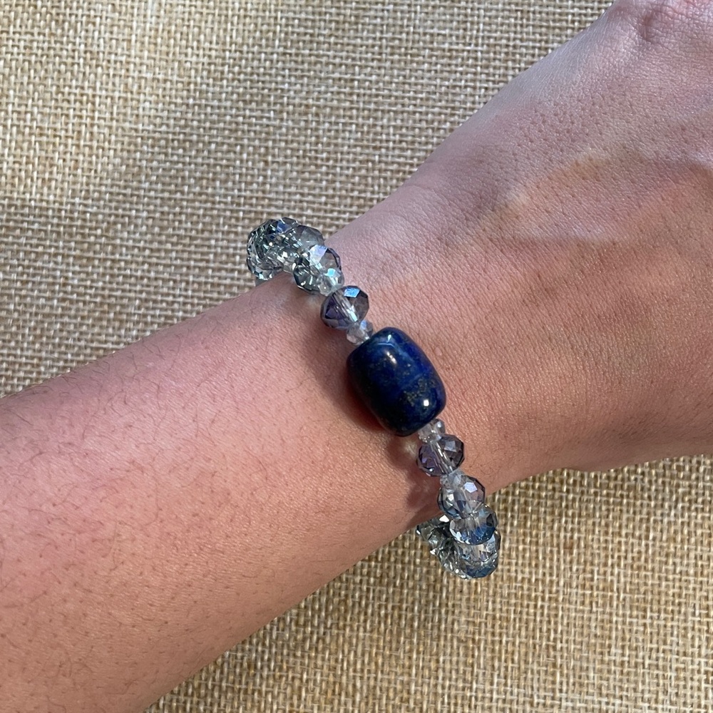 Blue Beaded Stretch Crystal Bracelet with Lapis Lazuli Accent